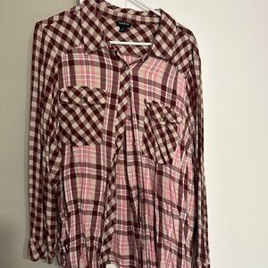 Torrid Burgundy and Pink Plaid Button-Front Shirt